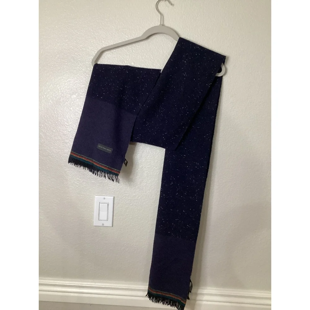 PS by Paul Smith Mens Navy Blue Speckled Wool Scarf Italy Fringe Multi Stripe